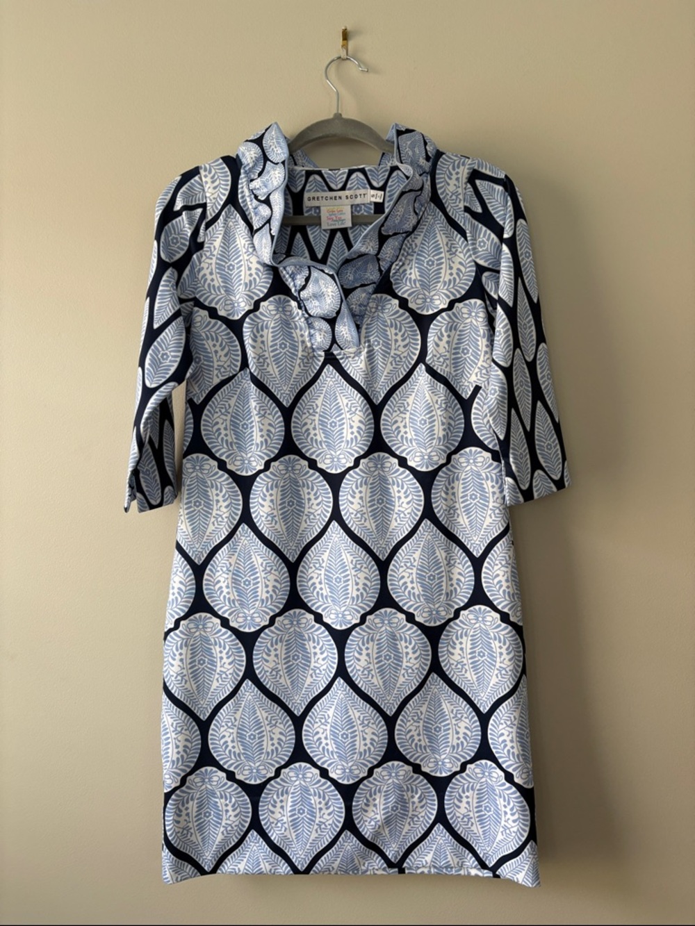 Gretchen Scott Navy and Light Blue Leaf Print Shift Dress